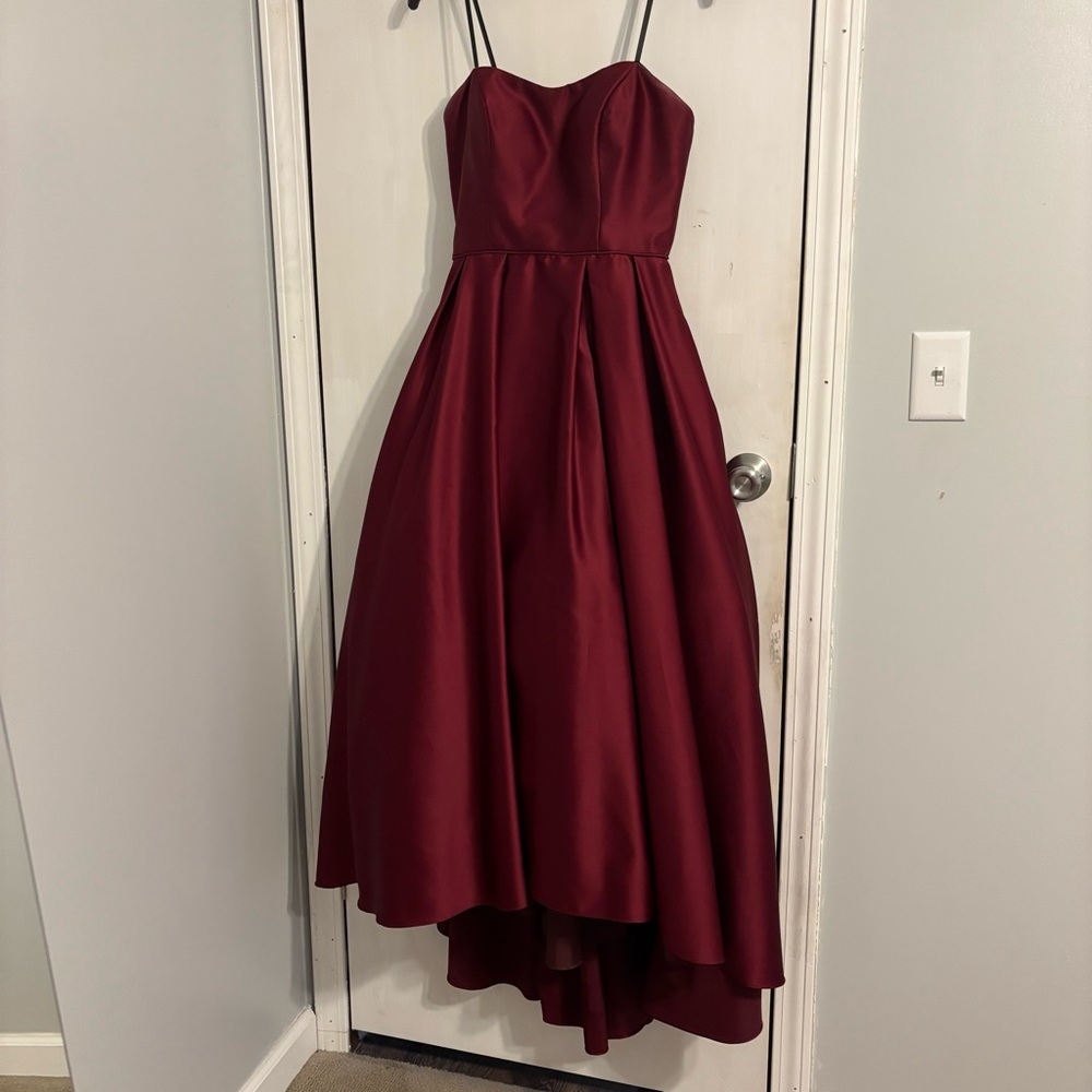 Betsy & Adam Burgandy High to Low Gown